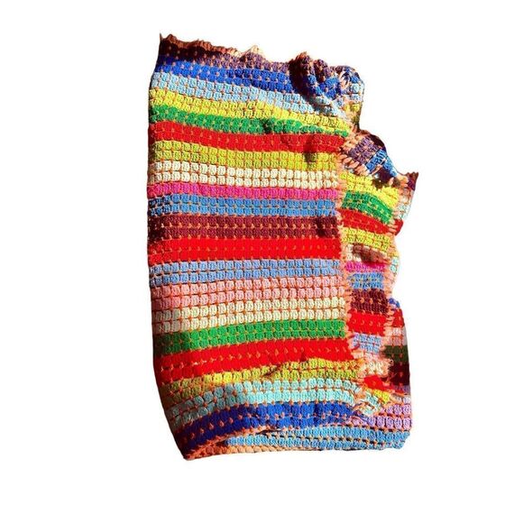 Beautiful colorful handmade crochet open knit afghan blanket 72x72 - Picture 2 of 4